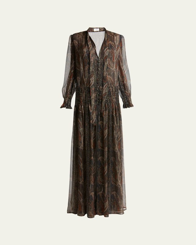 Paisley Sheer Smocked Tie-Neck Gown